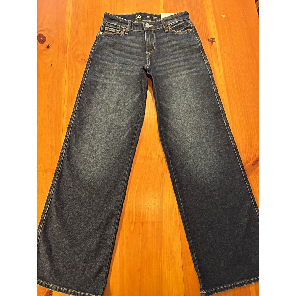 SO Women's 0/24 Low Rise Baggy Jeans Dark Wash Blue Wide Leg 99% Cotton